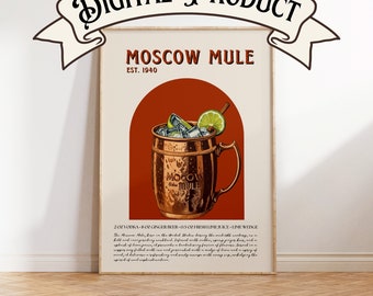 Puede incluir: Un póster de estilo vintage para un cóctel Moscow Mule. El póster presenta una taza de cobre llena de hielo, una rodaja de lima y una pajita. El texto del póster dice "Moscow Mule Est. 1940".