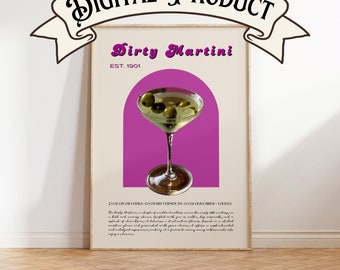 Dirty Martini Art Print, last minute cadeau, barwagen decor, cocktail art poster, mixologie cadeau, retro drankje poster, poster kunst aan de muur slaapzaal kamer