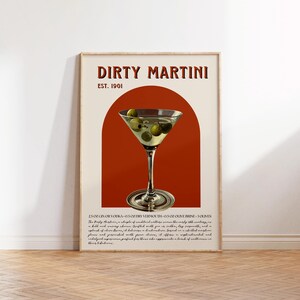 Impresión de cóctel Dirty Martini, póster retro de cóctel Dirty Martini, impresiones de carritos de bar, decoración de carritos de bar vintage para el hogar, carrito de bar, regalo para boda