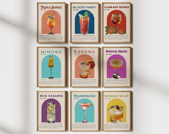 Set of 9 Retro Cocktail Prints, Classic Cocktail Wall Art, Bar Cart Accessories, Vintage Alcohol Prints, Bar Cart Art, Cocktail Wall Art