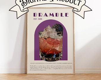Bramble gin cocktail printable wall art, last minute gift, Gin Cocktail Poster, Bar cart Wall Art, Retro Print, Bar Cart decor, wedding gift