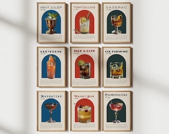 Conjunto de 9 artes de parede para coquetéis vintage, arte para carrinho de bar, pôster de coquetéis, conjunto de parede para galeria, impressão antiga, decoração para carrinho de bar, arte de parede para impressão