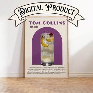 Tom Collins Art Print, prezent na ostatnią chwilę, plakat z drinkiem retro, plakat z koktajlem, środek wieku, wystrój baru, sztuka ścienna wózka barowego, natychmiastowe pobranie