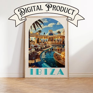 Plakat z podróży retro Ibiza, sztuka ścienna na wózek barowy, akcesoria do wózków barowych, plakaty z podróży vintage, sztuka ścienna retro, cyfrowe pobieranie wydruków vintage