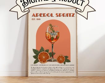 Aperol Spritz Digital Print, last minute gift, Aperol Spritz, Classic Cocktail Bar Wall Art, Bar Cart Art, Retro Print, Secret Santa gift