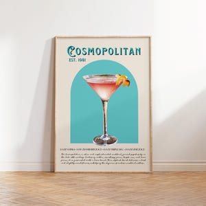 Wydruk koktajlowy Cosmopolitan, sztuka ścienna na wózek barowy, dekoracja wózka barowego, prezent dla najlepszej przyjaciółki, wydruk SATC, plakat SATC, plakat retro bar, affiche bar, SATC