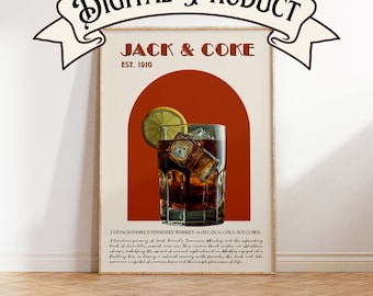 Jack & Coke Digital Print, last minute gift, Classic Cocktail Bar Wall Art, Bar Cart Art Prints, Retro Cocktail Print, Bar Cart Accessories
