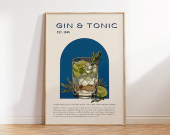 Gin and Tonic wall art, Gin & Tonic Cocktail Poster, Bar Wall Art, Bar Cart Art, Retro Cocktail Print, Bar Cart Accessories, wedding gift