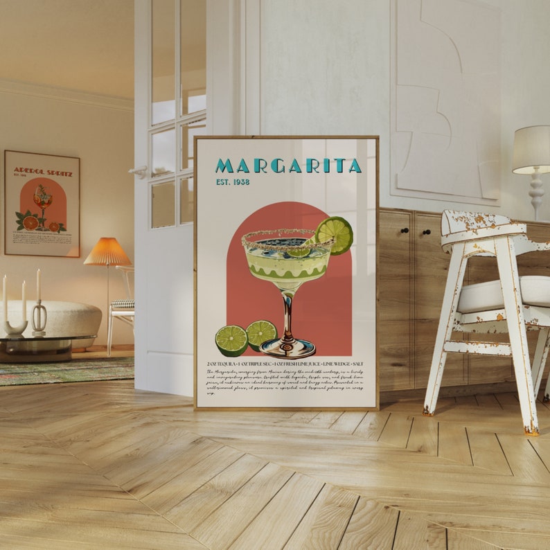 May include: A vintage-style poster with a pink background and a green margarita cocktail in a glass with a salted rim. The poster says "Margarita Est. 1938" and includes the ingredients: 2 oz Tequila, 1 oz Triple Sec, 1 oz Fresh Lime Juice, Lime Wedge, Salt.