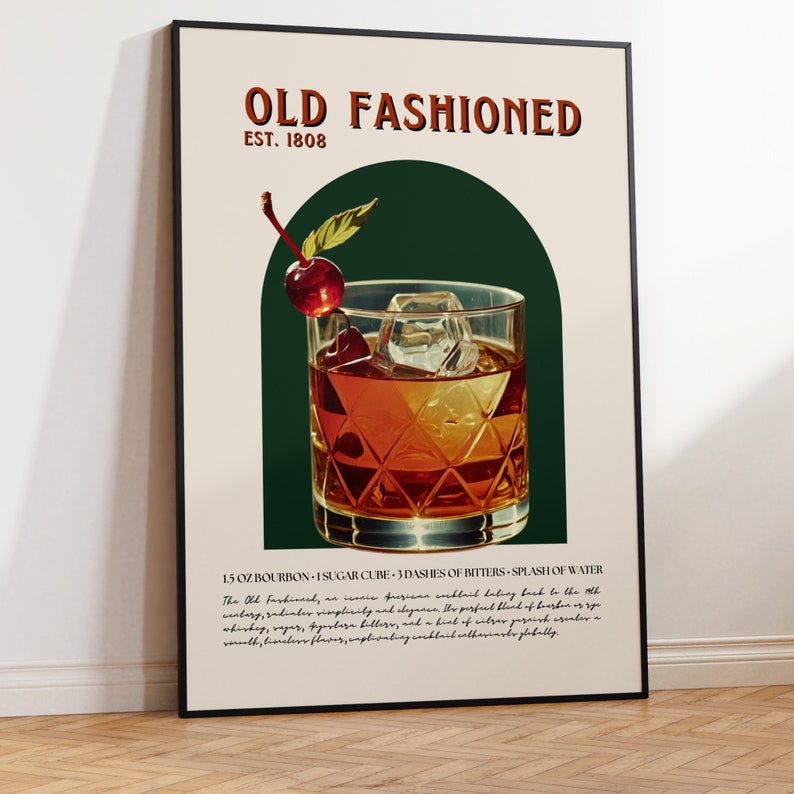 May include: A vintage poster with a green background and a white border. The poster features a glass of Old Fashioned cocktail with a cherry garnish. The text on the poster reads "Old Fashioned" and "Est. 1808". The poster also includes the ingredients for the cocktail: 1.5 oz bourbon, 1 sugar cube, 3 dashes of bitters, and a splash of water.