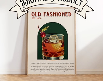 Old Fashioned Cocktail Print, Old Fashioned Cocktail Poster, Bar Wall Art, Bar Cart Wall Art, Retro Print, Bar cart decor, whiskey gift