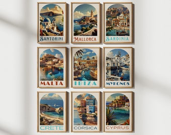 Retro Travel Posters, Gallery Wall Art, Vintage Wall Art, wall art digital, Digital Wall Art, Set of 9, printable wall art, Christmas gift