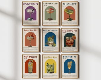 Set of 9 Retro Gin cocktail wall art Prints, Classic Gin Cocktail Wall Art, Gin gift, Bar Cart Accessories, Vintage Gin Prints, Bar Cart Art