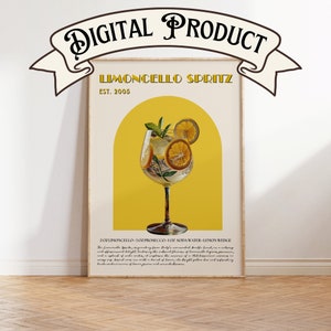 Póster de cóctel Limoncello Spritz: arte mural de carrito de bar con estética italiana, decoración de verano en azul y amarillo, impresión de limón para la cocina, arte encantador para apartamentos.