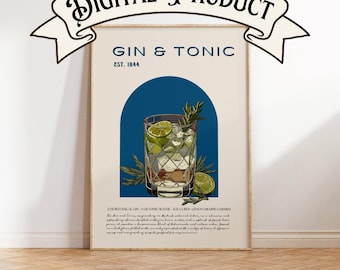 May include: A digital illustration of a gin and tonic cocktail. The drink is in a tall glass with ice, lime wedges, and a sprig of rosemary. The background is a blue arch with the text "GIN & TONIC EST. 1844".