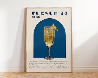 Arte francés 75, póster francés 75, decoración de carrito de bar, arte de pared de decoración de bar, cóctel francés 75, arte de pared de cóctel, tarjeta de receta francesa 75, francés 75