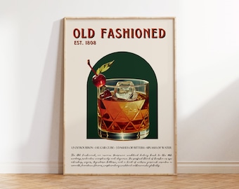 Old Fashioned Art, Whiskey Gift, Old Fashioned Print, Old Fashioned Wall Art, Vintage Cocktail Art, Old Fashioned Poster, Christmas gift,