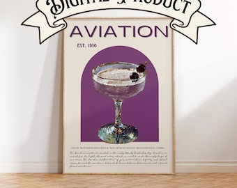 Aviation gin cocktail printable wall art, last minute gift, Gin Cocktail Print, Bar cart Wall Art, Retro Print, Bar Cart decor, wedding gift