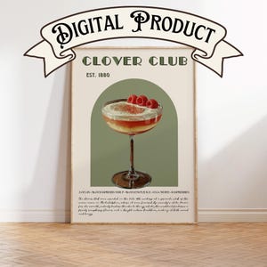 Clover Club Digitaldruck, Last-Minute-Geschenk, Gin-Liebhaber-Geschenk, klassische Gin-Cocktailbar-Wandkunst, Barwagen-Kunstdruck, Barwagen-Zubehör