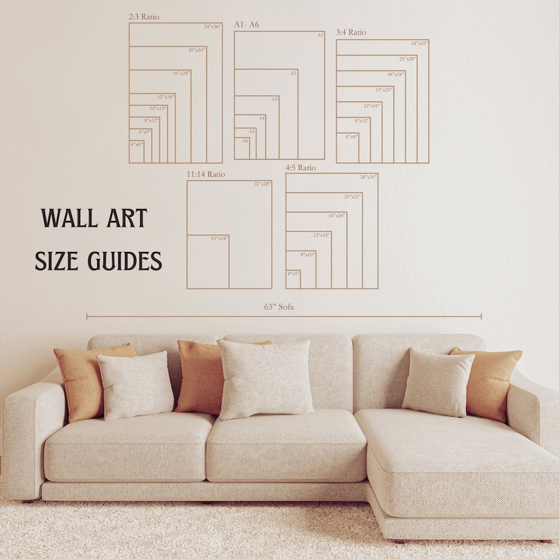 May include: A diagram showing different wall art size guides for a 63-inch sofa. The guides are labeled with different aspect ratios, including 2:3, 3:4, 4:5, and 11:14. The diagram also includes a guide for A1-A6 paper sizes.