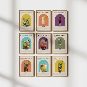 Set mit 9 Retro Cocktail Prints, Klassische Cocktail Wandkunst, Bar Zubehör, Cocktail Wandkunst, Vintage Alkohol Prints