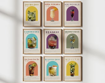 Set of 9 Retro Cocktail Prints, Classic Cocktail Wall Art, Bar Cart Accessories, Vintage Alcohol Prints, Bar Cart Art, Cocktail Wall Art