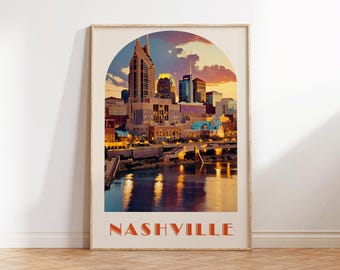 May include: A vintage-style poster featuring a cityscape of Nashville, Tennessee. The poster has a sunset sky with a golden arch over the city skyline. The text "NASHVILLE" is printed in red at the bottom of the poster.