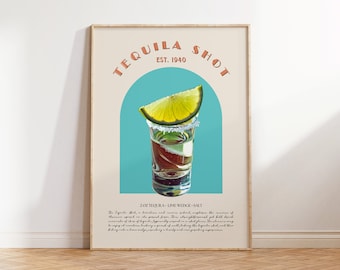 Tequila Shot decor, Retro bar cart accessories, Cute Bar Cart Art, Classic Cocktail Prints, Tequila definition poster, housewarming gift