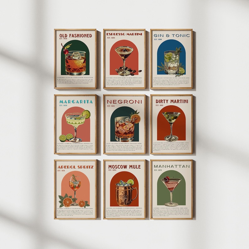 May include: Nine vintage-style illustrations of classic cocktails, each with a name and a description. The cocktails include an Old Fashioned, Espresso Martini, Gin & Tonic, Margarita, Negroni, Dirty Martini, Aperol Spritz, Moscow Mule, and Manhattan.