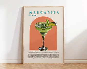 Stampa di cocktail Margarita, poster di cocktail Margarita, arte murale da bar, stampe artistiche di carrelli bar, stampa di cocktail retrò, accessori da bar, regalo di inaugurazione della casa