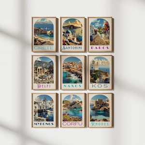 Plakaty podróżnicze retro, sztuka ścienna w galerii, sztuka ścienna vintage, zestaw wydruków greckich wysp, sztuka ścienna morska, zestaw 9 sztuk, sztuka wózka barowego, sztuka ścienna do druku
