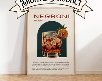 Negroni Cocktail Print, Negroni digital art, Bar Wall Art, Bar Cart decor, Cocktail Print, Bar Accessories, last minute gift, gift for him