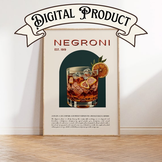 Negroni Cocktail Print, Negroni digital art, Bar Wall Art, Bar Cart decor, Cocktail Print, Bar Accessories, last minute gift, gift for him