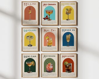 Set of 9 Retro Cocktail Prints, Classic Cocktail Wall Art, Bar Cart Accessories, Vintage Alcohol Prints, Bar Cart Art, Cocktail Wall Art