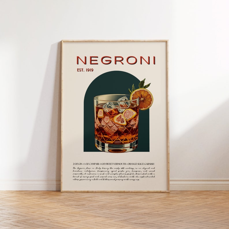 Minimalist room with a large poster; a negroni in a faceted glass, garnished with an orange wheel on the rim. The background features text describing the drinks ingredients and history, in a retro design. It leans against a warm white wall.
