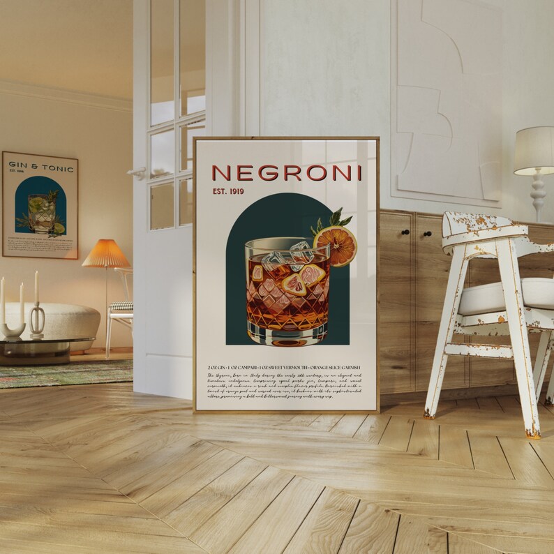 Minimalist room with Bauhaus-inspired decor and a large retro poster; A negroni in a glass, garnished with an orange wheel on the rim. The background text describes the ingredients and history, with a retro design; blending vintage style with clean.