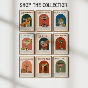 May include: Nine vintage-style posters featuring different cocktails. Each poster has a colorful background with a retro-style illustration of a cocktail glass and the name of the drink in bold text. The drinks featured are Old Fashioned, Espresso Martini, Gin & Tonic, Margarita, Negroni, Dirty Martini, Aperol Spritz, Moscow Mule, and Manhattan.