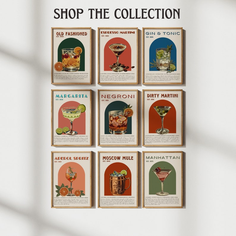 May include: Nine vintage-style posters featuring different cocktails. Each poster has a colorful background with a retro-style illustration of a cocktail glass and the name of the drink in bold text. The drinks featured are Old Fashioned, Espresso Martini, Gin & Tonic, Margarita, Negroni, Dirty Martini, Aperol Spritz, Moscow Mule, and Manhattan.
