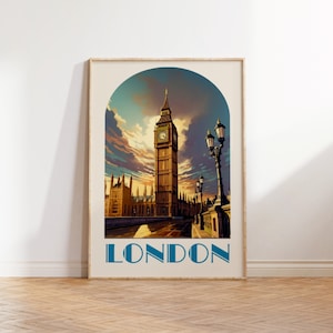 Sztuka ścienna Londynu, wydruk Londynu, plakat Londynu, wydruk Anglii, sztuka angielska, wydruk panoramy Londynu, sztuka Wielkiej Brytanii, retro, sztuka ścienna Big Ben