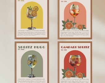 Paquete digital Spritz, póster Spritz, arte mural clásico de bar de cócteles, impresiones artísticas de carritos de bar, impresión de cócteles retro, accesorios de carritos de bar, decoración