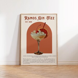 Ramos Gin Fizz Vintage Cocktail Print, gin print, gin and tonic print, Gin Gift, bar cart accessories, gin lover gift, gift for her, bar art