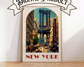 Pode incluir: Um pôster de estilo vintage com uma vista da Ponte do Brooklyn na cidade de Nova Iorque. A ponte é vista de uma perspectiva ao nível da rua, com edifícios que margeiam os lados da rua. O pôster tem um esquema de cores azul claro, amarelo e laranja e o texto "NEW YORK" na parte inferior.