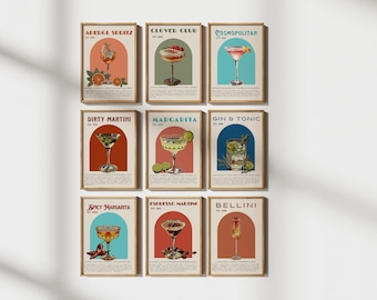 Conjunto de 9 artes de parede para coquetéis para impressão, impressões de coquetéis retrô, arte de parede para coquetéis clássica, acessórios para carrinho de bar, arte de parede feminina, arte para carrinho de bar