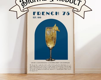 Cóctel French 75, regalo de último minuto, arte mural para bar, arte para carrito de bar, regalo para ella, decoración de bar, arte mural con cócteles exclusivos, cóctel exclusivo