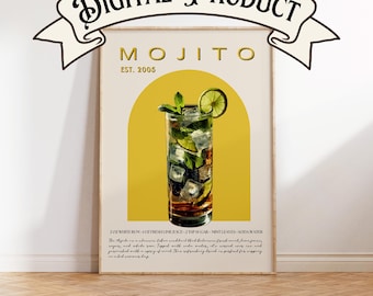 Art mural mojito, cadeau de dernière minute, affiche cocktail Mojito, art mural bar, impression cocktail rétro, décoration chariot de bar, cadeau de mariage, impression Mojito