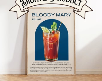 Puede incluir: Un póster de estilo vintage que anuncia un cóctel Bloody Mary. El póster presenta un vaso de Bloody Mary con una rama de apio, una rodaja de lima y una cereza. El texto del póster dice "Bloody Mary Est. 1920" y enumera los ingredientes del cóctel.