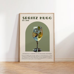 Sztuka ścienna Hugo Spritz inspirowana stylem vintage - klasyczne nadruki na bary koktajlowe, wystrój wózków barowych w stylu retro, koktajl Hugo, nadruk Spritz, akcesoria do wózków barowych