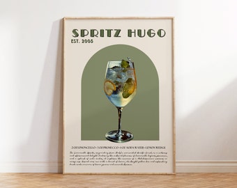Vintage geïnspireerde Hugo Spritz-muurkunst - klassieke cocktailbarafdrukken, retro barwagendecor, Hugo-cocktail, spritzafdruk, barwagenaccessoires
