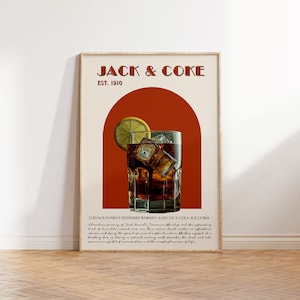 Impresión de Jack and Coke, arte mural de bar de cócteles clásicos, impresión artística de carrito de bar, impresión de whisky, regalo de whisky, accesorios de carrito de bar, regalo de Jack Daniels