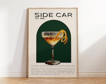 Cocktail Side Car, cadeau barman, art mural bar à cocktails, art bar, impression cocktail rétro, accessoires pour chariot de bar, cadeau pour elle, cadeau de mariage